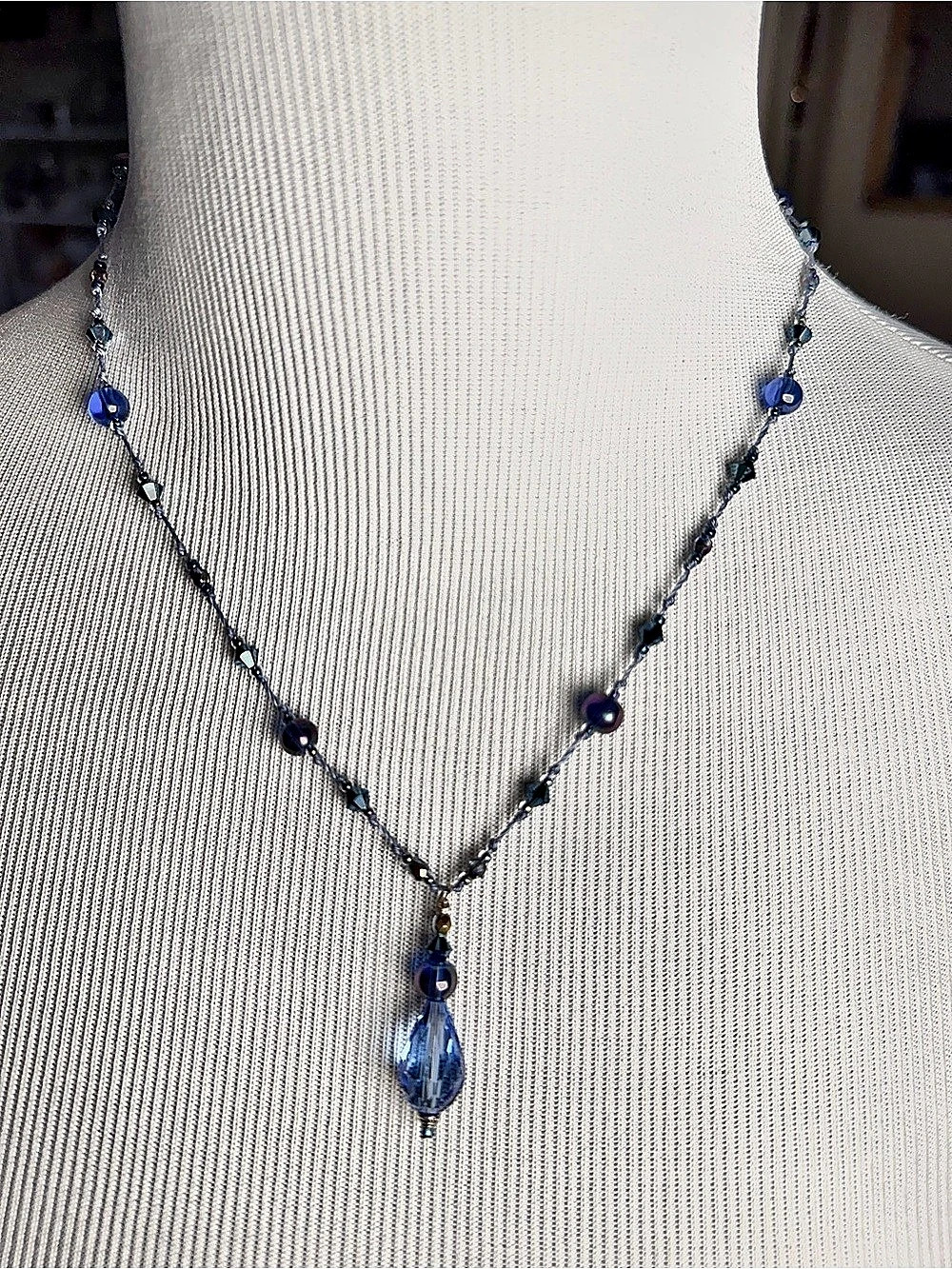 Blue & Purple Beaded Hand Knotted Pendant Necklace. One of a kind.